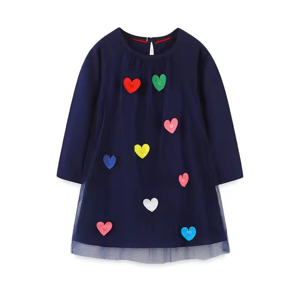Girls Navy Blue Long Sleeve Dress with Heart Appliques